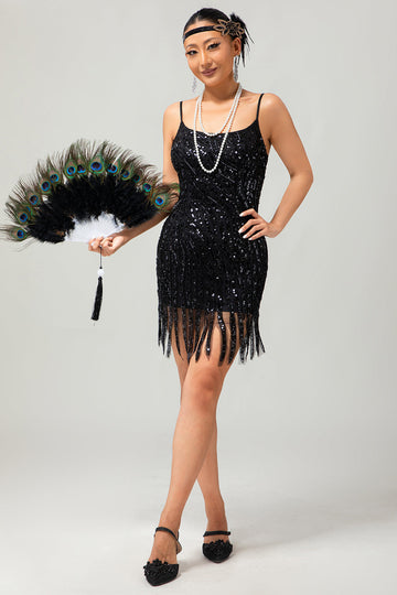 Sparkly Black Sequins Gatsby Short 1920s Dress with Fringes